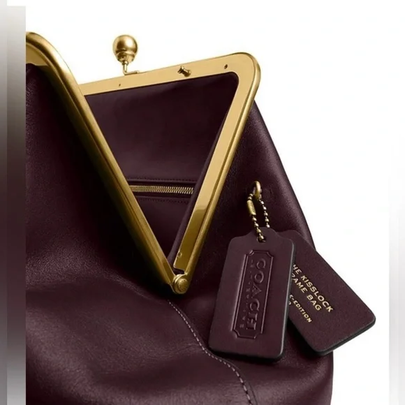 Coach Large Oversized Kisslock Frame Leather Clutch Handbag BLACK CURRANT Purse - Picture 6 of 9